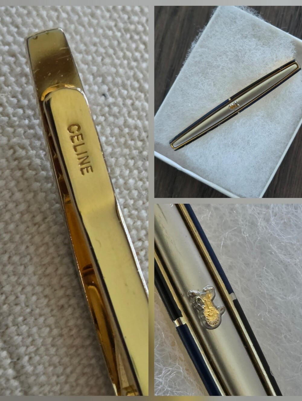 Vintage CELINE Gold Tone & Black Enamel Tie Clip